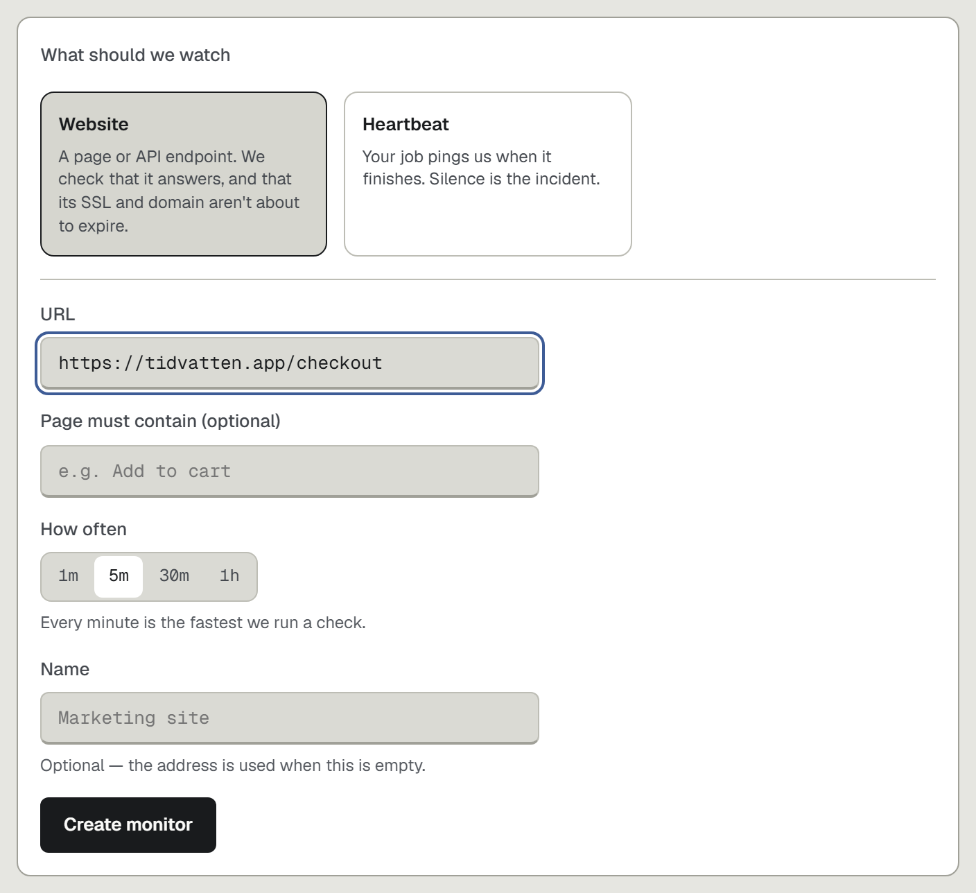 The add monitor form with the Website kind selected and https://tidvatten.app/checkout in the URL field