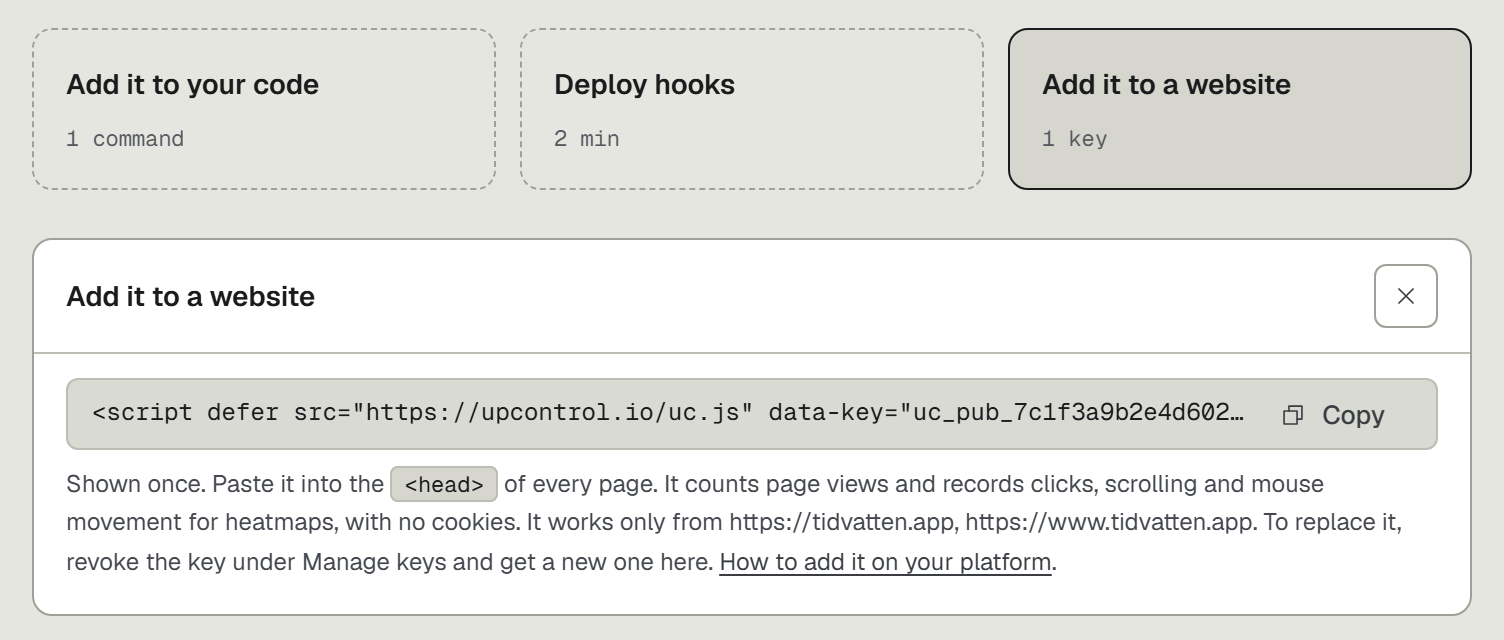 The Add it to a website card with the one script tag and the two addresses it works from